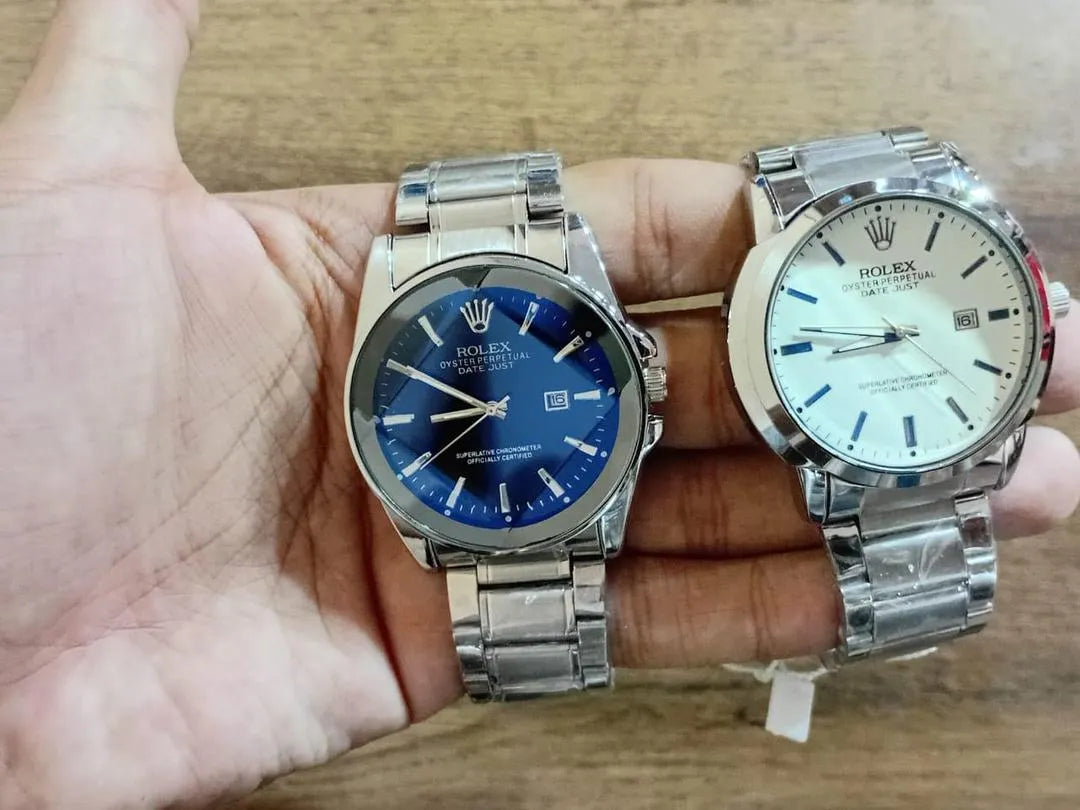 Men's Stainless Steel Round Dial Watch - Blue & White